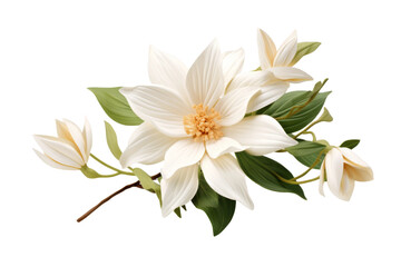 Fototapeta na wymiar Ethereal Bloom: White Flower and Green Leaves Dancing on a Blank Canvas. On a White or Clear Surface PNG Transparent Background.