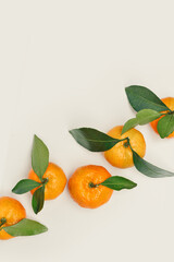 Bright, fresh tangerines with green leaves on neutral background with copy space, minimal aesthetic citrus fruits flat lay, healthy organic orange color mandarin top view, life stile food
