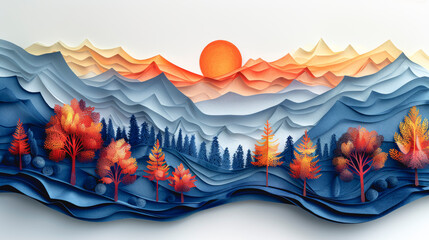Paper landscape mountains made in realistic paper craft or origami style.