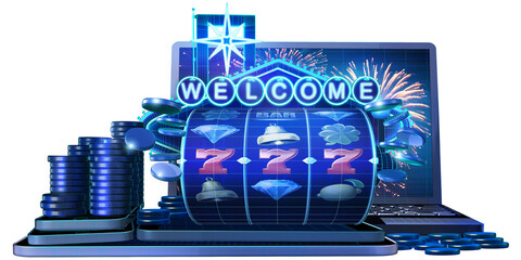 Blue wireframe display of an array of casino game elements advertising online slot games. 3D illustration 
