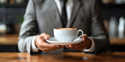 Elegant Businessman Carefully Critiquing Artisanal Coffee Cup on Desk in Corporate Office Setting