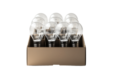 Illuminated Secrets: Light Bulbs Nestled in a Box. On a White or Clear Surface PNG Transparent Background.