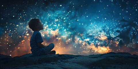 Obraz premium Child Character Gazing at Cosmic Cosmos Dreaming of New Innovations and Discoveries Amid Enchanting Starry Skies