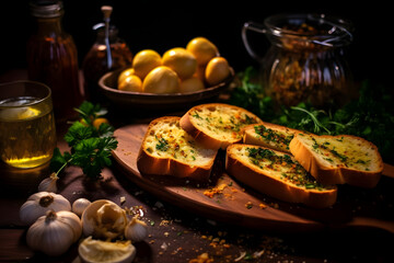 Garlic Bread, Buttery and garlicky bread, served as a side with pasta - obrazy, fototapety, plakaty