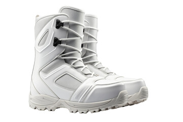 Frozen in Time: Ethereal White Snowboard Boots Floating on Pure White Background. On a White or Clear Surface PNG Transparent Background.