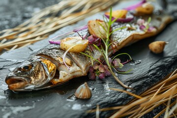 Herring Canape with Potato and Onion on Natural Rustic Background, Beautiful Creative Sea Food
