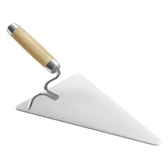 Isometric cement trowel isolated on white background. Realistic bricklayer trowel vector icon for web design. Spatula with a wooden handle. Construction tool. Vector illustration. 3D.