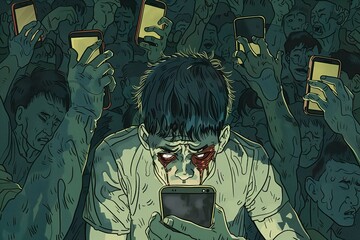 Youth addicted to mobile phones looking like zombies with eyes bleeding - obrazy, fototapety, plakaty