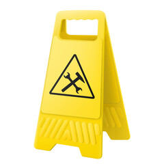 Under construction sign. Under construction warning sign. Yellow triangle sign with a crossed hammer and a wrench icon inside. Be careful at construction site. Repair work. Cars. Workshop. Machine.