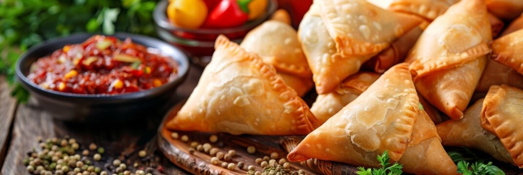 Indian Samosa Closeup, Samsa Stuffed with Beef and Onion, Traditional Uzbek Veal Meat Pies