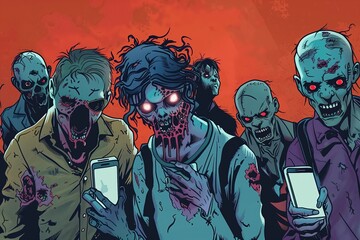 People as zombies with their smartphones. Mental health issue - obrazy, fototapety, plakaty