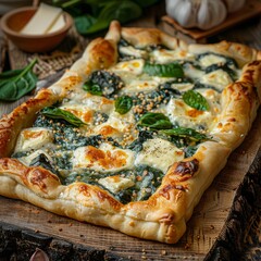 Square Khachapuri, Traditional Hachapuri, Delicious Tender Dough with Spinach, Melted Cheese - obrazy, fototapety, plakaty