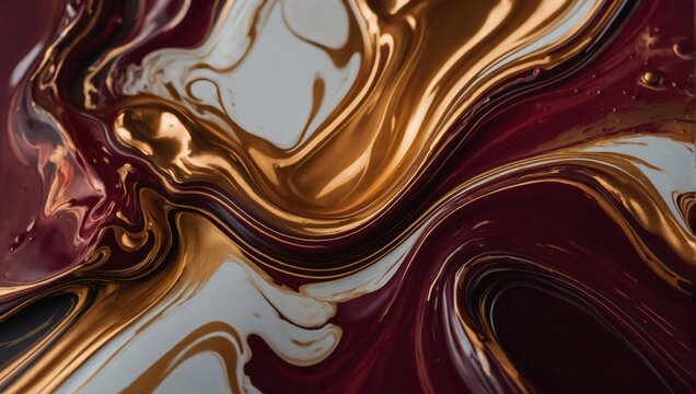 Abstract paint background with rich maroon and bronze colors, displaying liquid fluid texture in luxury concept.