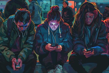 Illustration of young people sitting and looking at their phones checking social media