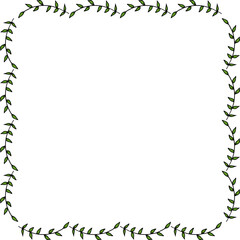 Decorative square frame with green branches on white background. Vector image.