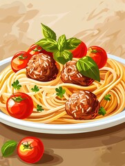 A plate of spaghetti and meatballs with tomatoes and basil.