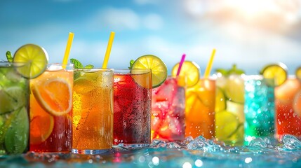 A row of colorful cocktails with fruit slices and straws on a blue background.