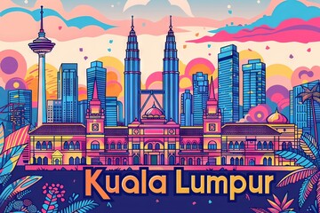 Naklejka premium Minimalist Lineart City Poster of Kuala Lumpur