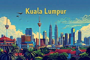 Naklejka premium Minimalist Lineart City Poster of Kuala Lumpur