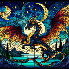 Celestial Serpent: A Dragon Crafted in Stained Glass, Its Wings Spread Across the Starry Night