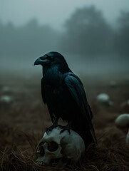 Naklejka premium Raven with skull in a foggy field