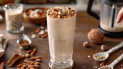 Banana, Coconut, and Almond Layered Smoothie in a Tall Glass

