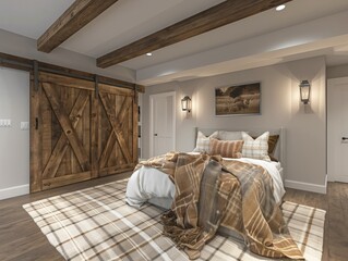 A bedroom with a wooden door and a wooden archway. The archway leads to a bedroom with a bed and a blanket