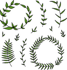Green branches and round frames collection. Vector image.