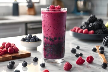 Berry Layered Smoothie with Blueberries, Raspberries, and Blackberries  