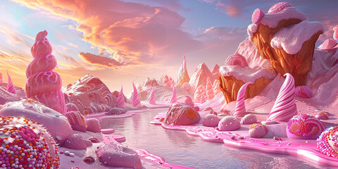 A dreamy candy land with chocolate rivers AI-generated Image