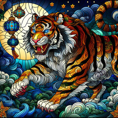 Twilight's Guardian: A Stained Glass Tiger Gazing Out into the Enigmatic Depths of Night