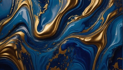 Abstract paint background with sapphire blue and antique gold colors, exhibiting liquid fluid texture in luxury concept. - obrazy, fototapety, plakaty