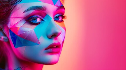 Prismatic Elegance: portrait with vibrant lighting and geometrical face art, blending modern fashion with futuristic inspiration