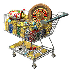 A supermarket shopping trolley filled to the brim with casino game elements, including a roulette wheel surrounded by stacks of poker chips and golden coins, playing cards, and a slot reel. 3D render