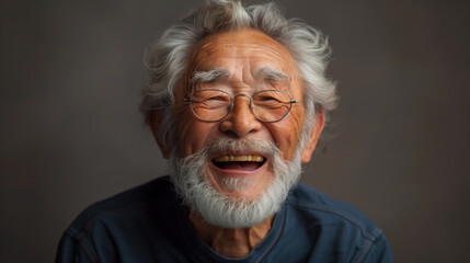 A Japanese man with a big smile on his face. The man is happy and smiling. a Japanese old man wearing a blue t-shirt and jeans, the old man is laughing in a fashion photo studio with a grey background