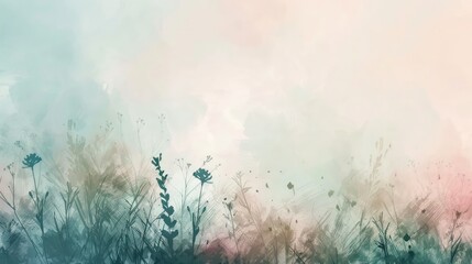 Spring Flowers Meadow and Green Grass Field on an Autumn Morning Watercolor Abstract Landscape background