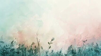 Spring Flowers Meadow and Green Grass Field on an Autumn Morning Watercolor Abstract Landscape background