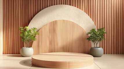Arched backdrop with wooden platform and greenery