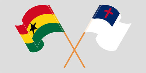 Crossed and waving flags of Ghana and christianity