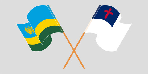 Crossed and waving flags of Rwanda and christianity