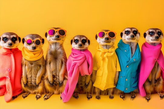  Five stylish meerkats in vibrant outfits and sunglasses posing for a photo
