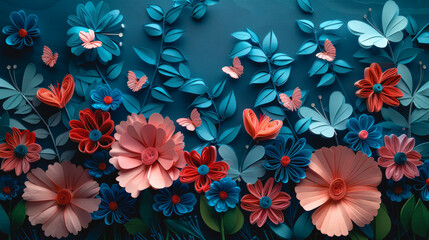 Abstract art background with colorful paper flowers and butterflies.