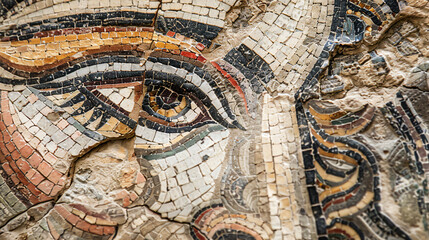 Fototapeta na wymiar Close up fragment of ancient religious mosaic in Kouri