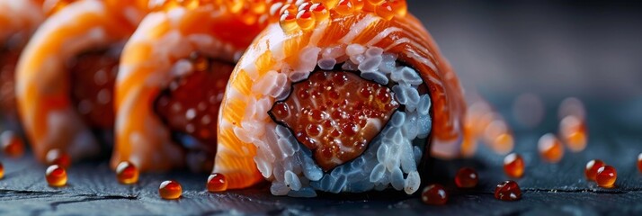 Maki Sushi Roll Set, Nori Maki Rolls with Raw Trout, Caviar, Rice, Cream Cheese, Salmon, Eel, Cucumber