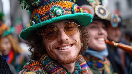 saint Patrick's Day Parade: Lively images of green-clad parade participants, Irish dancers, bagpipers, and shamrock decorations during Saint Patrick's Day celebrations in cities like Dublin, New York, - obrazy, fototapety, plakaty