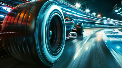 High-speed racing tire on a racetrack with dynamic light trails at night