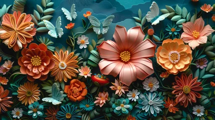 Foto op Canvas Abstract art background with colorful paper flowers and butterflies. © puhimec