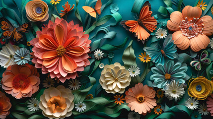 Abstract art background with colorful paper flowers and butterflies. - 785307315