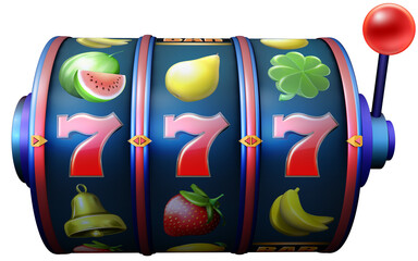 The blue reels of a slot machine showcasing classic slot symbols and the jackpot winning combination of three sevens in a row. 3D illustration