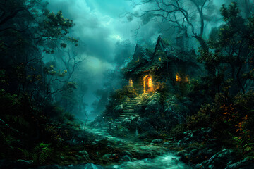 Witch house in mysterious dark forest, fantasy. AI generative - 785307556